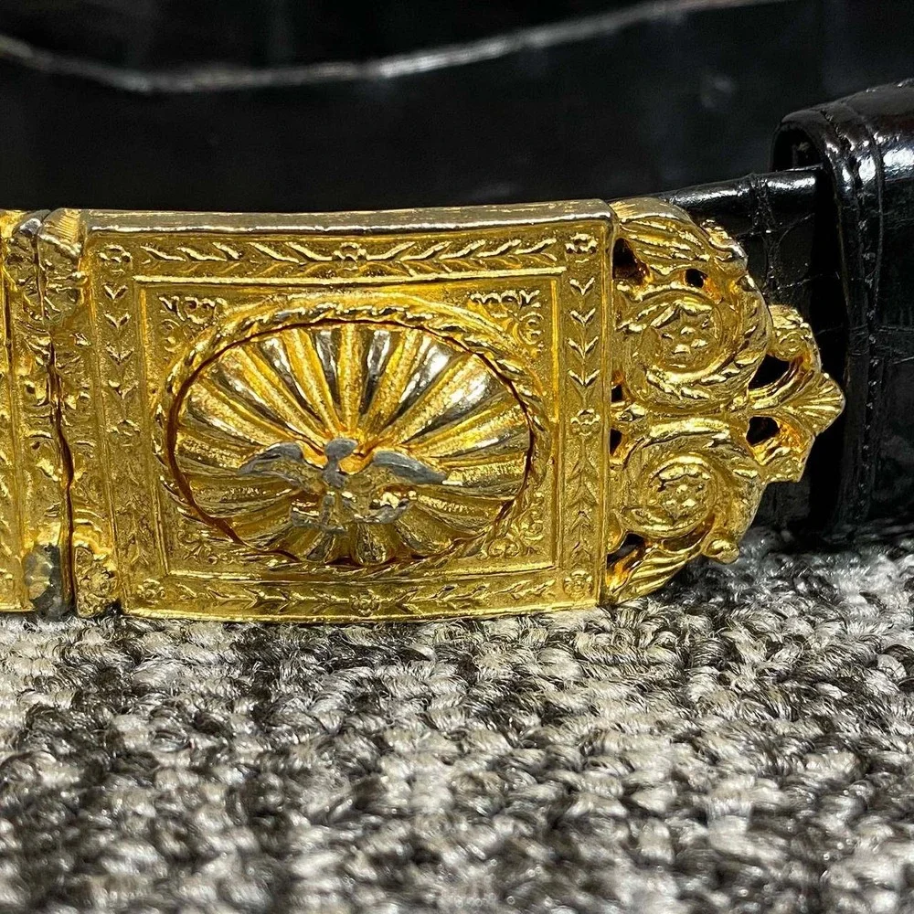 Judith Leiber Crocodile Belt Womens Large Black Gold Ornate Eagle Buckle Vintage